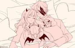 2boys 2girls :3 aged_down animal_hood arm_around_shoulder artist_name braid brother_and_sister cat_hood closed_eyes closed_mouth commentary_request demon_wings eyepatch father_and_daughter father_and_son friday_night_funkin&#039; head_on_pillow heart heart-shaped_pillow herliearse highres hood hood_up horns humanization husband_and_wife jewelry limited_palette long_hair long_sleeves mother_and_daughter mother_and_son multiple_boys multiple_girls onesie pillow pointy_ears ponytail rasazy_(friday_night_funkin&#039;) ring ruvyzvat_(friday_night_funkin&#039;) sarvente_(friday_night_funkin&#039;) selever_(friday_night_funkin&#039;) shirt short_hair siblings sidelocks simple_background single_horn star-shaped_pillow sweater turtleneck turtleneck_sweater twin_braids u_u under_covers wedding_ring wings