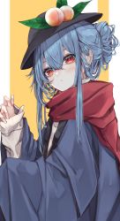 Rule 34 | 1girl, absurdres, alternate costume, black hat, blue hair, blush, closed mouth, food, fruit, hair between eyes, happi, hat, highres, hinanawi tenshi, japanese clothes, long hair, peach, red eyes, red scarf, scarf, sleeves past wrists, solo, sweater, touhou, tsune (tune), upper body, white sweater