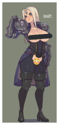 Rule 34 | 1girl, armor, warrior of light (ff14), bar censor, belt, belt buckle, black footwear, blue eyes, blush, boots, border, buckle, bugita, censored, clenched hands, closed mouth, clothing cutout, collarbone, commission, corset, final fantasy, final fantasy xiv, forehead jewel, gauntlets, grey hair, high heel boots, high heels, highres, long hair, looking at viewer, pauldrons, shoulder armor, signature, skindentation, solo, thigh boots, vambraces, white border