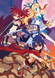 Rule 34 | 1boy, 2girls, angel, angel wings, antenna hair, black gloves, blonde hair, bloomers, blue eyes, blue hair, boots, bracelet, choker, demon boy, demon girl, demon wings, detached sleeves, disgaea, earrings, elbow gloves, etna (disgaea), feathered wings, flonne, full moon, gloves, hair ribbon, hanashiro madoka, holding, holding polearm, holding spear, holding staff, holding sword, holding weapon, jewelry, laharl, looking at viewer, mini wings, moon, multiple girls, navel, official art, open mouth, own hands together, pencil skirt, planted, planted sword, planted weapon, pointy ears, polearm, red eyes, red hair, red wings, ribbon, scarf, shorts, skirt, skull earrings, slit pupils, smile, spear, staff, standing, sword, twintails, underwear, v arms, weapon, white footwear, white wings, wings