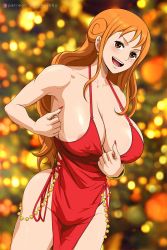 Rule 34 | 1girl, areola slip, armpits, ass, bare arms, bare shoulders, blush, breasts, brown eyes, cleavage, covered erect nipples, curvy, dress, hip focus, huge breasts, krabbytheartist, large areolae, large breasts, long hair, looking at viewer, nami (one piece), navel, no bra, no panties, one piece, orange hair, smile, solo, standing, stomach, thick thighs, thighs, wide hips