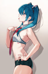Rule 34 | 1girl, armpits, bare arms, bare shoulders, black shorts, blue eyes, blue hair, breasts, cowboy shot, crop top, from side, hair ornament, hand on own hip, hand up, hatsune miku, highres, long hair, looking at viewer, micro shorts, midriff, necktie, nishizawa, open mouth, profile, revealing clothes, shorts, sleeveless, small breasts, solo, tattoo, tongue, tongue out, twintails, vocaloid, wing collar