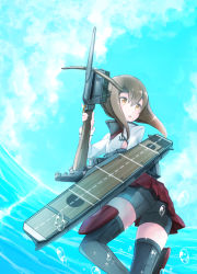 Rule 34 | 10s, 1girl, anchor, bad id, bad pixiv id, bike shorts, blue sky, bow (weapon), brown eyes, brown hair, bubble, comah, crossbow, flight deck, headband, kantai collection, long sleeves, machinery, ocean, pleated skirt, red skirt, skirt, sky, solo, taihou (kancolle), thighhighs, weapon, zettai ryouiki