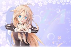 Rule 34 | 1girl, ahoge, bare shoulders, blonde hair, blue eyes, blush, braid, bubble, character name, choker, floral background, flower, hair strand, heart, heart hands, ia (vocaloid), kotowa ruko, long hair, long sleeves, off shoulder, open mouth, smile, solo, text focus, twin braids, upper body, vocaloid