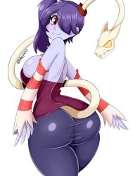 Rule 34 | 1girl, ass, bare shoulders, blue skin, bmayyne, breasts, colored skin, curvy, female focus, from behind, highres, huge ass, large breasts, looking at viewer, narrow waist, purple hair, red eyes, simple background, skullgirls, smile, solo, squigly (skullgirls), stitched mouth, stitches, strapless shirt, striped, striped sleeves, tail, thick thighs, thighs, white background, wide hips, zombie