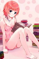 Rule 34 | 1girl, arm support, atelier (series), atelier rorona, barefoot, blue eyes, book, breasts, cleavage, face, feet, female focus, gust, kishida mel, legs, legs up, looking at viewer, multicolored hair, official art, pink hair, red hair, rororina fryxell, short hair, sitting, small breasts, smile, solo, toes