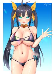 Rule 34 | 1girl, :d, antenna hair, aqua eyes, arm behind back, bare shoulders, bikini, black bikini, black hair, blue background, blunt bangs, blush, breasts, cleavage, collar, collarbone, commentary request, covered erect nipples, cowboy shot, earrings, groin, hair ribbon, hand up, heavy breathing, highres, jewelry, large breasts, long hair, looking at viewer, lower teeth only, navel, open mouth, original, ribbon, sidelocks, smile, solo, standing, stomach, sunlight, sweat, swimsuit, teeth, twintails, twitter username, underboob, utsuro (lyons), yellow ribbon