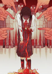 Rule 34 | 1girl, 6+others, :|, @ @, ambiguous gender, black dress, black hair, black socks, blood, blood on clothes, blood on hands, bucky (chainsaw man), chainsaw man, closed mouth, collared shirt, dead animal, dress, entrails, feet out of frame, film grain, hand on own knee, head down, highres, holding, horror (theme), intestines, leaning forward, long sleeves, medium hair, mitaka asa, multiple others, neck ribbon, organs, pinafore dress, pointing, pointing at another, red background, red theme, ribbon, san ling wu wu, school uniform, shirt, sleeveless, sleeveless dress, socks, solo focus, standing, straight-on, white shirt