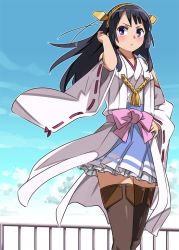 Rule 34 | &gt;:&lt;, 1girl, :&lt;, aiguillette, black hair, blush, bow, brown thighhighs, closed mouth, cloud, cosplay, cowboy shot, day, detached sleeves, gradient background, tucking hair, hand on own hip, haruna (kancolle), haruna (kancolle) (cosplay), headgear, hibike! euphonium, imaichi, kantai collection, kousaka reina, long hair, nontraditional miko, purple eyes, railing, ribbon-trimmed sleeves, ribbon trim, skirt, sky, solo, standing, thighhighs, v-shaped eyebrows