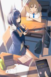 Rule 34 | 1other, 2girls, animal ears, ashinowoto, bag, black hair, black jacket, blue eyes, blue necktie, book, bottle, brown eyes, brown hair, cellphone, chair, closed mouth, collared shirt, desk, eishin flash (umamusume), elbow rest, highres, holding, holding phone, horse ears, indoors, jacket, long sleeves, looking at viewer, multiple girls, necktie, notebook, open mouth, pencil, pencil case, phone, plaid, plaid skirt, school bag, school chair, school desk, shirt, short sleeves, sitting, skirt, smart falcon (umamusume), smartphone, sweatdrop, sweater, twintails, umamusume, white shirt, window