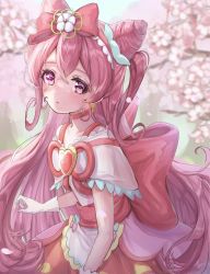 Rule 34 | 1girl, apron, blurry, blurry background, bow, capelet, choker, cure precious, daopon, delicious party precure, earrings, flower, gloves, hair bow, heart, highres, jewelry, long hair, looking at viewer, nagomi yui, outdoors, parted lips, pink choker, pink eyes, pink flower, pink hair, precure, red bow, solo, waist apron, white capelet, white flower, white gloves