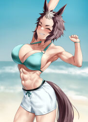 Rule 34 | 1girl, abs, absurdres, animal ears, aqua bikini, armpits, arms up, bare shoulders, beach, bikini, bikini under clothes, blue sky, breasts, brown hair, cleavage, closed eyes, collarbone, commentary, cowboy shot, day, ear ornament, grin, groin, highres, horse ears, horse girl, horse tail, large breasts, mejiro ryan (umamusume), multicolored hair, muscular, muscular female, navel, ocean, outdoors, short hair, shorts, sidelocks, sky, smile, solo, standing, stmoon, stomach, swimsuit, symbol-only commentary, tail, teeth, two-tone hair, umamusume, white hair, white shorts, wristband