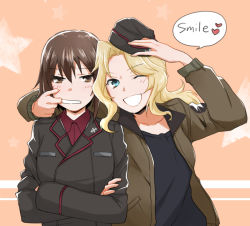 Rule 34 | 10s, 2girls, :d, black hat, black jacket, black shirt, blonde hair, blue eyes, brown eyes, brown hair, brown jacket, closed mouth, comic, commentary request, crossed arms, dress shirt, emblem, english text, facing viewer, garrison cap, girls und panzer, hair intakes, hat, hat theft, heart, jacket, kay (girls und panzer), kuromorimine military uniform, long hair, long sleeves, looking at another, military, military hat, military uniform, mouth pull, multiple girls, nishizumi maho, open clothes, open jacket, open mouth, red shirt, saunders military uniform, shirt, short hair, smile, standing, star (symbol), uniform, unworn hat, unworn headwear, upper body, yuhi (yuhi atb26)
