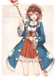 Rule 34 | 1girl, :d, atelier (series), atelier sophie, blue coat, blush, brown background, brown eyes, brown hair, character name, coat, collarbone, commentary request, cropped legs, fang, frilled skirt, frills, highres, holding, holding staff, long sleeves, looking at viewer, open clothes, open coat, open mouth, orb, pleated skirt, red skirt, sekira ame, shirt, skirt, smile, solo, sophie neuenmuller, staff, two-tone background, underbust, white background, white shirt, wide sleeves