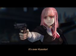 Rule 34 | 1girl, a way out, aiming, at gunpoint, coat, derivative work, english text, formal, gun, handgun, highres, holding, holding gun, holding weapon, hololive, hololive english, long hair, mori calliope, necktie, pink hair, pistol, sethkiel, shirt, solo, suit, vest, virtual youtuber, weapon