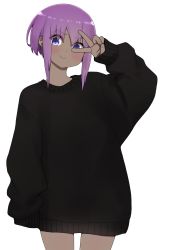 Rule 34 | 1girl, arm up, black sweater, blush, closed mouth, cowboy shot, dark-skinned female, dark skin, dress, fate/prototype, fate/prototype: fragments of blue and silver, fate (series), hair between eyes, hassan of serenity (fate), highres, i.u.y, long sleeves, looking at viewer, puffy long sleeves, puffy sleeves, purple eyes, purple hair, short hair, sidelocks, simple background, sleeves past fingers, sleeves past wrists, smile, solo, standing, sweater, sweater dress, v, v over eye, white background