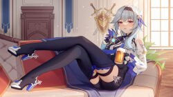 Rule 34 | 1girl, alcohol, beer, beer mug, blue hair, blush, couch, cup, daidai (318706698), eula (genshin impact), eyebrows hidden by hair, genshin impact, glass, hair between eyes, hairband, high heels, holding, holding cup, long hair, looking at viewer, mug, open mouth, purple eyes, shield, sitting, solo, sunlight, sword, weapon, window
