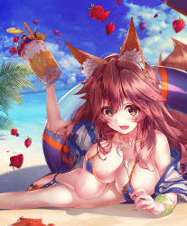 Rule 34 | 10s, 1girl, absurdres, animal ears, bad anatomy, bikini, blue bikini, blush, breasts, cleavage, collarbone, day, covered erect nipples, fang, fate/extra, fate/grand order, fate (series), food, fox ears, fox tail, fruit, highres, large breasts, crossed legs, long hair, looking at viewer, nishiro ryoujin, ocean, outdoors, palm tree, pink hair, sand, solo, swimsuit, tail, tamamo (fate), tamamo no mae (fate/extra), tamamo no mae (swimsuit lancer) (fate), tree, yellow eyes