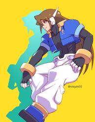 Rule 34 | 1boy, artist name, bodysuit, brown hair, cargo pants, closed mouth, colored shadow, cropped jacket, fingerless gloves, from side, full body, gloves, green eyes, highres, ishigaki (sora roxas), jacket, jitome, long hair, male focus, mechanical ears, mega man (series), mega man zx, mega man zx advent, nose, open clothes, open jacket, pants, shadow, short sleeves, solo, tagme, vent (mega man), white pants, yellow background