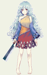Rule 34 | 1girl, bare shoulders, barefoot, blush, bow, breasts, commentary request, detached sleeves, dress, eyes visible through hair, frills, full body, grey background, hair between eyes, hatchet, highres, holding, holding weapon, long hair, long sleeves, looking at viewer, medium breasts, messy hair, multicolored clothes, multicolored dress, nata (tool), orange dress, parted lips, red bow, red dress, red eyes, sakata nemuno, silver hair, simple background, single strap, solo, standing, touhou, uranaishi (miraura), very long hair, weapon, wide sleeves, yellow dress