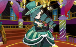 Rule 34 | 1girl, battle chatelaine, battle maison, black gloves, black pantyhose, breasts, cleavage, creatures (company), dress, drill hair, feet out of frame, game freak, gloves, green dress, green eyes, green hair, green hat, green theme, hat, holding, holding poke ball, indoors, long hair, looking at viewer, medium breasts, mizutani megumi, morgan (pokemon), nintendo, official art, pantyhose, poke ball, poke ball (basic), pokemon, pokemon tcg, pokemon xy, solo, stairs, standing, striped, third-party source, top hat, uniform, vertical stripes