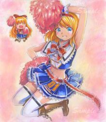 Rule 34 | 1girl, adapted costume, alice margatroid, armpits, blonde hair, blue eyes, boots, capelet, cheerleader, closed eyes, female focus, marker (medium), matching shanghai, mayo riyo, midriff, navel, open mouth, pom pom (cheerleading), race queen, sample watermark, shanghai doll, short hair, smile, solo, thighhighs, touhou, traditional media, watermark, white thighhighs