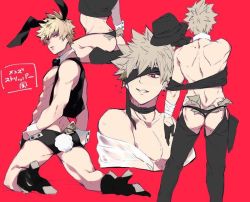 Rule 34 | 1boy, abs, ass, backless pants, bad id, bad pixiv id, bakugou katsuki, bandaged arm, bandages, banknote, black footwear, black gloves, blindfold, blonde hair, boku no hero academia, collarbone, from behind, gloves, hat, high heels, holding, holding clothes, holding hat, jpeg artifacts, kneeling, looking at viewer, male focus, male playboy bunny, money, multiple views, nipples, pants, rabbit tail, red background, red eyes, spiked hair, standing, tail, thong, toned, toned male, tucked money, unworn hat, unworn headwear, wrist cuffs