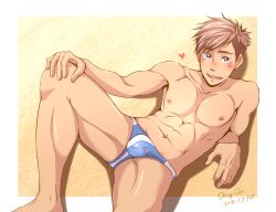 Rule 34 | 1boy, arm support, artist name, blue eyes, blue male swimwear, blue swim briefs, blush, bulge, dated, dong chen, foot out of frame, hand on own knee, heart, knee up, looking at viewer, male focus, male swimwear, nipples, open mouth, original, outside border, parted bangs, reclining, sand, signature, solo, spread legs, swim briefs, swimsuit, topless male