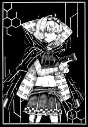 Rule 34 | 1girl, ahoge, binary, border, checkered clothes, checkered skirt, choker, circuit board print, cloak, closed mouth, cowboy shot, detached sleeves, dot nose, garter straps, goggles, goggles on head, greyscale, gun, hair over one eye, harumayago, highres, holding, holding gun, holding weapon, honeycomb (pattern), layered skirt, magia record: mahou shoujo madoka magica gaiden, magical girl, mahou shoujo madoka magica, midriff, miniskirt, miwa mitsune, monochrome, mystical high collar, navel, short hair, skirt, smile, solo, split mouth, strapless, striped sleeves, swept bangs, tube top, two-sided cloak, two-sided fabric, weapon