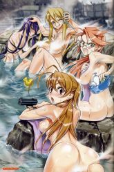 Rule 34 | 4girls, :o, :q, absurdres, alcohol, angry, antenna hair, ass, bath, beer, bent over, blonde hair, blush, breasts, brown eyes, brown hair, busujima saeko, can, censored, censored nipples, completely nude, convenient censoring, fang, from behind, glasses, gun, hand on head, highres, highschool of the dead, large breasts, long hair, looking back, marikawa shizuka, miyamoto rei, multiple girls, nude, official art, one eye closed, onsen, open mouth, pink hair, purple hair, rubber duck, satou shouji, scan, sideboob, sitting, steam, steam censor, surprised, takagi saya, tongue, tongue out, topless, towel, water, weapon, wet, wink