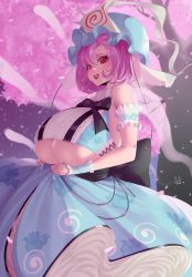 Rule 34 | 1girl, :d, adapted costume, bare shoulders, breasts, cherry blossoms, hat, highres, huge breasts, mob cap, open mouth, pink eyes, pink hair, saigyouji yuyuko, short hair, smile, solo, touhou, triangular headpiece, underboob, uzda ricecake, veil