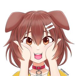 Rule 34 | animal ears, bonedaddy, braid, brown eyes, brown hair, cheek squash, collar, dog ears, dog girl, fangs, hair ornament, hairpin, highres, hololive, inugami korone, looking at viewer, open mouth, simple background, smile, squishing, taiggerrock, virtual youtuber, white background