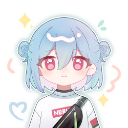 Rule 34 | 1girl, absurdres, blue hair, blush, closed mouth, commentary request, double bun, fanny pack, frown, green hair, hair between eyes, hair bun, heart, highres, long bangs, looking at viewer, mole, mole under eye, multicolored hair, nanashi inc., official alternate costume, pink eyes, short hair, simple background, single strap, solo, sparkle, suchika, suzumi nemo, suzumi nemo (2nd costume), sweater, two-tone hair, upper body, virtual youtuber, white background, white sweater