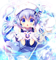 Rule 34 | 1girl, :o, adapted costume, animal hat, bare arms, blue eyes, blue hair, blue skirt, blue vest, blush, chestnut mouth, commentary request, gloves, gochuumon wa usagi desu ka?, hair between eyes, hair ornament, hat, heart, kafuu chino, layered skirt, long hair, looking at viewer, magical girl, open mouth, rabbit hat, rabbit house uniform, ribbon, sasai saji, shirt, skirt, sleeveless, solo, sparkle, spoon, staff, twintails, vest, white gloves, white shirt, x hair ornament