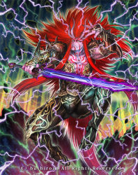 Rule 34 | 1boy, ambush demon stealth rogue kagamijishi, armor, armored boots, boots, cardfight!! vanguard, colored skin, company name, electricity, facial mark, forehead mark, horns, ikeda (cpt), long hair, male focus, nail polish, official art, purple skin, red hair, topless male, solo, sword, tattoo, weapon, yellow eyes