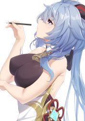 Rule 34 | 1girl, ahoge, bare shoulders, bell, blue hair, blush, breasts, dress, fuurin restia, ganyu (genshin impact), genshin impact, highres, horns, jewelry, large breasts, long hair, neck bell, pencil, pendant, profile, purple eyes, solo, vision (genshin impact), white background, white dress