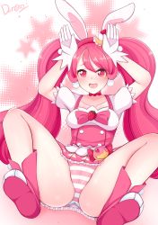 Rule 34 | 10s, 1girl, :d, absurdres, animal ears, bow, cake hair ornament, choker, collarbone, cure whip, dongdong, earrings, food-themed hair ornament, full body, gloves, hair ornament, hairband, highres, jewelry, kirakira precure a la mode, long hair, looking at viewer, magical girl, open mouth, panties, pink bow, pink eyes, pink footwear, pink hair, pink neckwear, pom pom (clothes), pom pom earrings, precure, rabbit ears, rabbit pose, red hairband, shoes, signature, sitting, skirt, smile, solo, spread legs, star (symbol), starry background, striped clothes, striped panties, twintails, underwear, usami ichika, white gloves