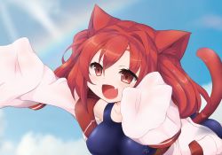 Rule 34 | 1girl, absurdres, animal ear fluff, animal ears, ass, azur lane, blue one-piece swimsuit, blue sky, blush, breasts, cat ears, cat tail, character name, clothes writing, cloud, collarbone, covered erect nipples, day, fang, foreshortening, hair between eyes, highres, i-19 (azur lane), imminent hug, jacket, kinomiki nobori, large breasts, long hair, long sleeves, off-shoulder jacket, off shoulder, one-piece swimsuit, open mouth, outdoors, outstretched arms, pocket, pouncing, rainbow, red eyes, red hair, school swimsuit, single bare shoulder, skin fang, sky, sleeves past fingers, sleeves past wrists, smile, sunlight, swimsuit, tail, tongue