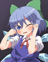 Rule 34 | 1girl, blue dress, blue eyes, blue hair, blush, bow, cirno, collared shirt, dress, fairy, green bow, hair between eyes, hair bow, highres, ice, ice wings, one eye closed, open mouth, puffy short sleeves, puffy sleeves, rokugou daisuke, shirt, short hair, short sleeves, signature, solo, touhou, upper body, white shirt, wings