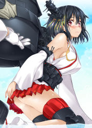 Rule 34 | 10s, 1girl, ass, black hair, blush, bodysuit, breasts, covering privates, covering ass, detached sleeves, diving suit, embarrassed, hair ornament, japanese clothes, kantai collection, large breasts, nontraditional miko, personification, red eyes, short hair, sideboob, skirt, solo focus, sparkle, sumeragi hamao, wavy mouth, wet, wetsuit, yamashiro (kancolle)