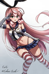 Rule 34 | 1girl, akashi (kancolle), artist logo, black hairband, black neckerchief, black panties, blue sailor collar, blue skirt, blunt tresses, breasts, cosplay, crop top, eckert&amp;eich, elbow gloves, feet out of frame, gloves, gradient background, green eyes, hair ribbon, hairband, highleg, highleg panties, highres, kantai collection, long hair, looking at viewer, medium breasts, microskirt, miniskirt, neckerchief, one-hour drawing challenge, panties, pink hair, pleated skirt, ribbon, sailor collar, salute, shimakaze (kancolle), shimakaze (kancolle) (cosplay), skirt, smile, solo, striped clothes, striped thighhighs, thighhighs, tress ribbon, twitter username, underwear, white background, white gloves