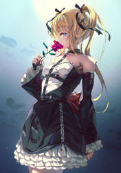 Rule 34 | 1girl, absurdres, blonde hair, blue eyes, dead or alive, dead or alive 5, detached sleeves, dress, flower, frilled dress, frills, full moon, highres, long hair, marie rose, michie sticker, moon, night, smelling, solo, twintails