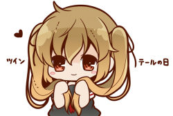 Rule 34 | 10s, 1girl, black serafuku, bloom2425, blush stickers, brown hair, chibi, gradient hair, holding, holding hair, kantai collection, multicolored hair, murasame (kancolle), neckerchief, red eyes, red neckerchief, school uniform, serafuku, smile, solo, translated, twintails, twintails day
