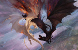 Rule 34 | animal focus, artist name, black vs white, burning, cloud, commentary, cover, cover page, dragon, english commentary, fantasy, fire, from above, gonzalo kenny, highres, no humans, ocean, official art, open mouth, outdoors, realistic, river, scales, scenery, sharp teeth, spikes, tail, teeth, tiempo de dragones, western dragon, wings