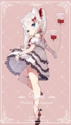 Rule 34 | 1girl, animal ear fluff, animal ears, artist name, bandages, bandaged head, bandages, bare legs, blood, blood bag, blue eyes, bow, bra strap, cat ears, child, clothes lift, cross hair ornament, dress, english text, engrish text, framed, frilled dress, frills, full body, hair bow, hair ornament, highres, knee up, layered dress, long hair, looking at viewer, looking to the side, no mouth, original, pink background, puffy short sleeves, puffy sleeves, ranguage, red bow, short sleeves, simple background, skirt, skirt lift, solo, standing, strapless, strapless dress, twintails, umi (umikwi), white dress, white hair, wrist cuffs