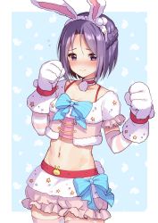 Rule 34 | 1girl, absurdres, alternate costume, animal ears, animal hands, bad id, bad pixiv id, blue eyes, blush, braid, breasts, choker, closed mouth, collarbone, cowboy shot, crop top, fake animal ears, frills, fur trim, gloves, groin, hands up, highres, ichiren namiro, jun (princess connect!), looking at viewer, midriff, navel, parted bangs, paw gloves, princess connect!, purple hair, rabbit ears, short hair, short shorts, short sleeves, shorts, small breasts, solo, standing, striped clothes, striped thighhighs, sweat, thighhighs