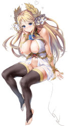 Rule 34 | 1girl, areola slip, azur lane, bare shoulders, barefoot, blonde hair, blue eyes, blue flower, blush, breasts, chain, collarbone, colored eyelashes, dress, flower, hair ornament, halter dress, halterneck, hand on own face, heart, highres, jewelry, large breasts, leaf, long hair, looking at viewer, morimoto kiyona, navel, necklace, nipples, no panties, ribbon, sitting, skindentation, solo, thighhighs, victorious (azur lane), white background, zettai ryouiki