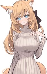 Rule 34 | 1girl, animal ear fluff, animal ears, arknights, blonde hair, blue eyes, breasts, bright pupils, dress, grin, hand up, highres, horse ears, horse girl, horse tail, large breasts, long hair, looking at viewer, narrow waist, ribbed sweater, shino duka, simple background, smile, solo, sweater, sweater dress, swept bangs, tail, thick eyelashes, turtleneck, turtleneck sweater, whislash (arknights), white background