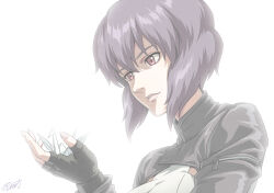 1girl black_gloves buru-dai commentary fingerless_gloves ghost_in_the_shell gloves kusanagi_motoko looking_at_object origami paper_crane purple_hair red_eyes short_hair signature simple_background solo white_background