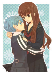 Rule 34 | 1boy, 1girl, black serafuku, blue eyes, blue hair, blush, bowtie, brown eyes, brown hair, child, collarbone, ebiko ni go, eye contact, fate/extra ccc, fate (series), frown, holding hands, hans christian andersen (fate), height difference, kishinami hakuno (female), looking at another, school uniform, serafuku, simple background, smile, teenage girl and younger boy, uniform